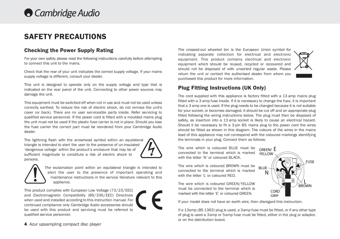 Cambridge Audio 840C user manual Safety Precautions, Checking the Power Supply Rating 