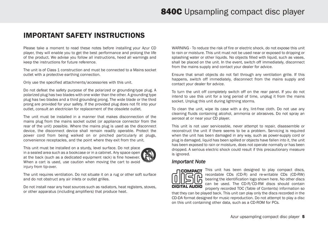 Cambridge Audio 840C user manual Important Safety Instructions, Important Note 