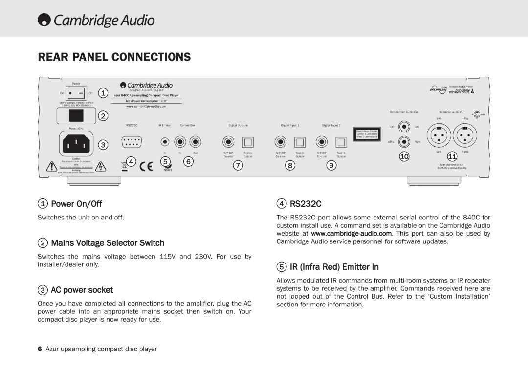 Cambridge Audio 840C user manual Rear Panel Connections, Power On/Off, Mains Voltage Selector Switch, AC power socket 