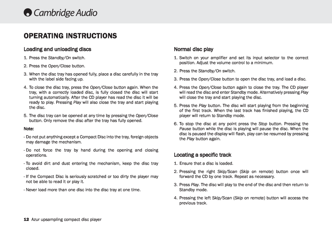 Cambridge Audio 840C Operating Instructions, Loading and unloading discs, Normal disc play, Locating a specific track 