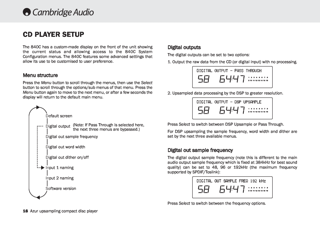 Cambridge Audio 840C user manual Cd Player Setup, Menu structure, Digital outputs, Digital out sample frequency 