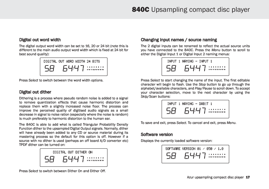 Cambridge Audio 840C Digital out word width, Digital out dither, Changing input names / source naming, Software version 