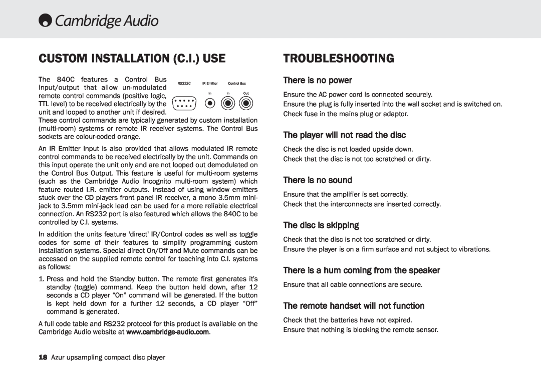 Cambridge Audio 840C Custom Installation C.I. Use, Troubleshooting, There is no power, The player will not read the disc 