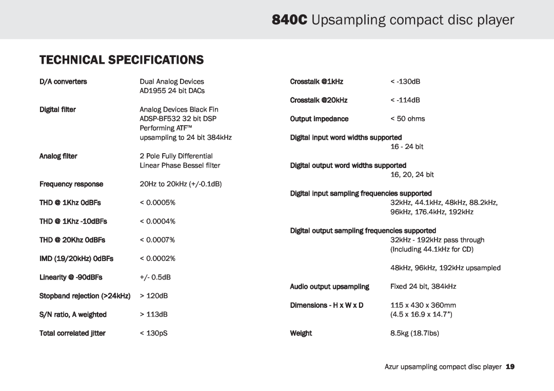 Cambridge Audio user manual Technical Specifications, 840C Upsampling compact disc player 