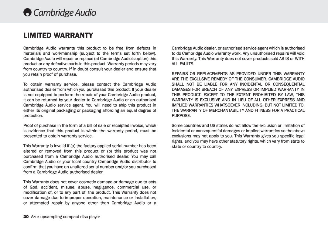 Cambridge Audio 840C user manual Limited Warranty 