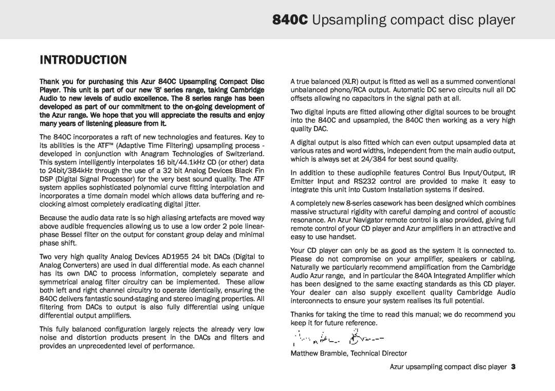 Cambridge Audio user manual 840C Upsampling compact disc player, Introduction 