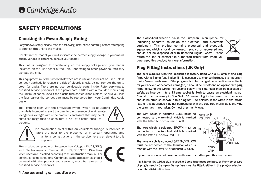 Cambridge Audio 840C user manual Safety Precautions, Checking the Power Supply Rating, Plug Fitting Instructions UK Only 