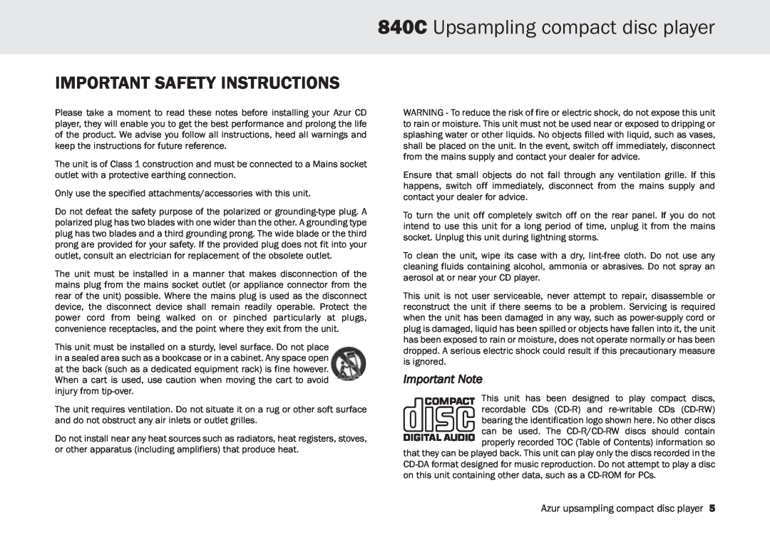 Cambridge Audio user manual Important Safety Instructions, 840C Upsampling compact disc player, Important Note 