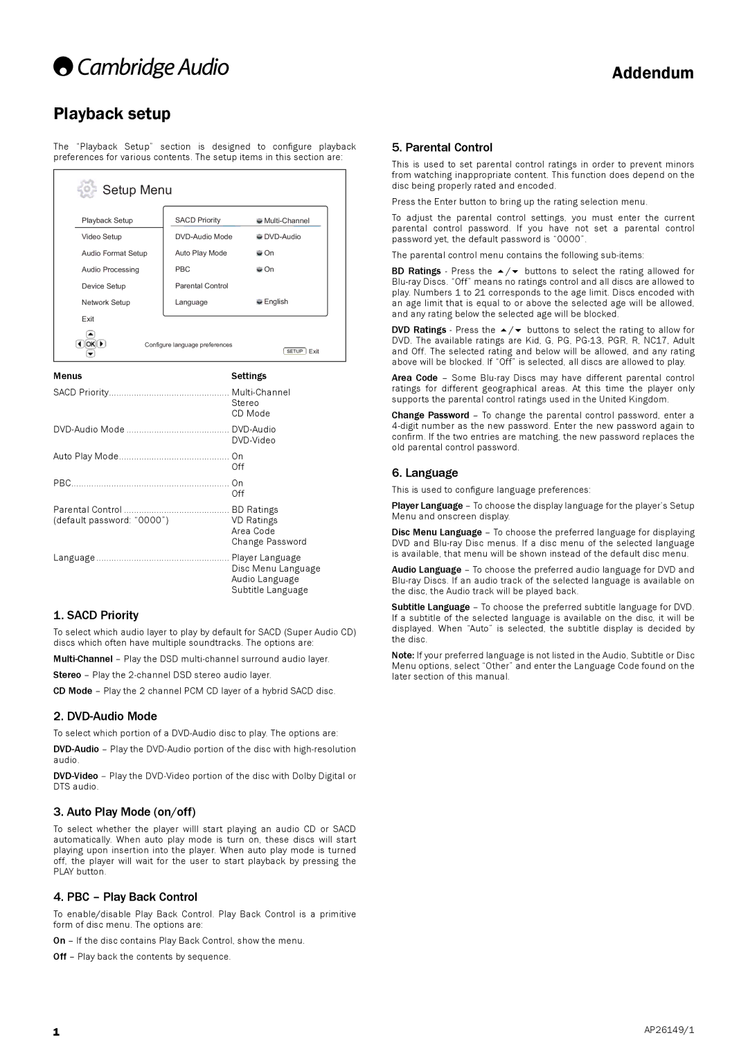 Cambridge Audio AP26149/1 manual Playback setup, Addendum 