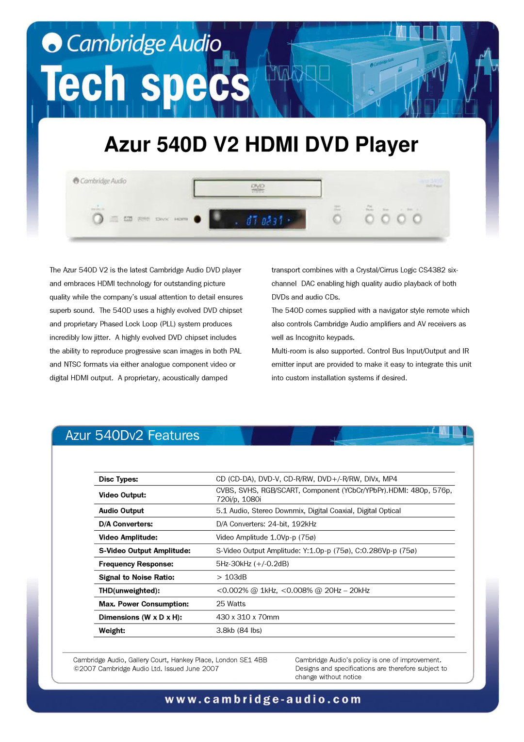 Cambridge Audio dimensions Azur 540D V2 Hdmi DVD Player, Azur 540Dv2 Features 