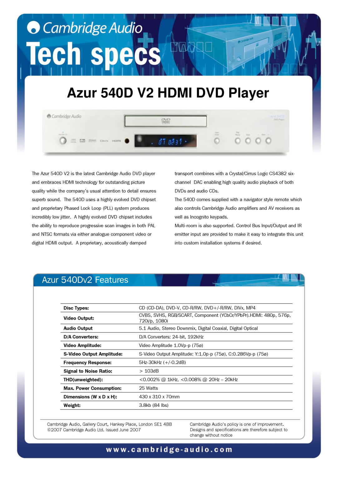 Cambridge Audio dimensions Azur 540D V2 HDMI DVD Player, Azur 540Dv2 Features 