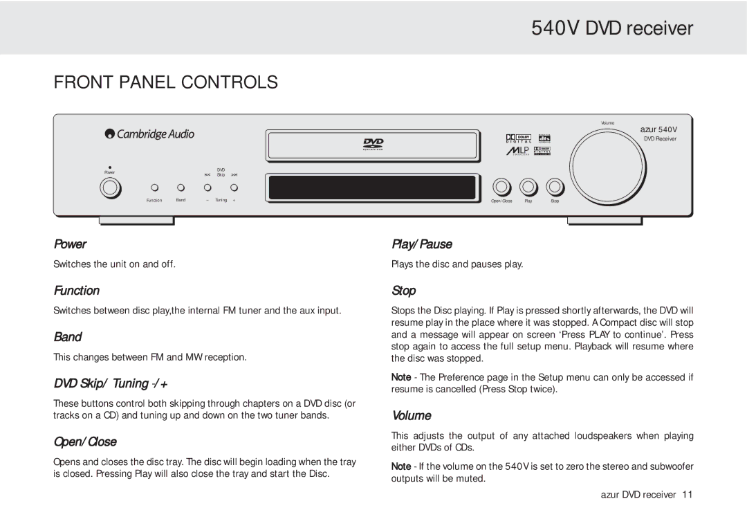 Cambridge Audio azur 540V user manual Front Panel Controls 