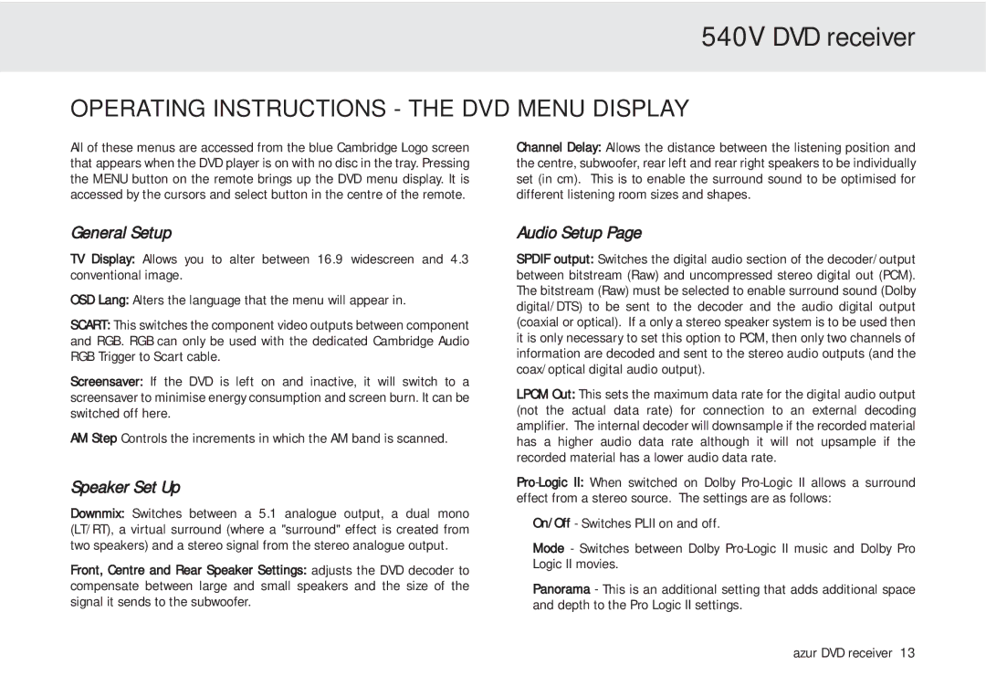 Cambridge Audio azur 540V Operating Instructions the DVD Menu Display, General Setup, Speaker Set Up, Audio Setup 