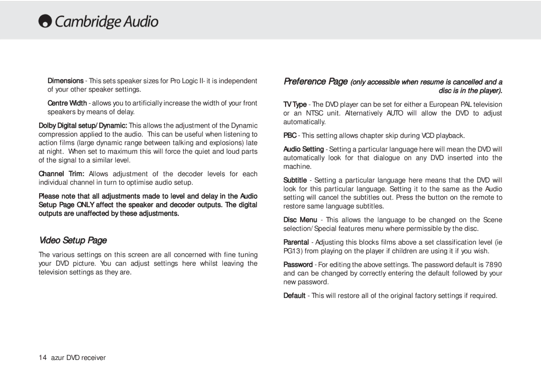 Cambridge Audio azur 540V user manual Video Setup 