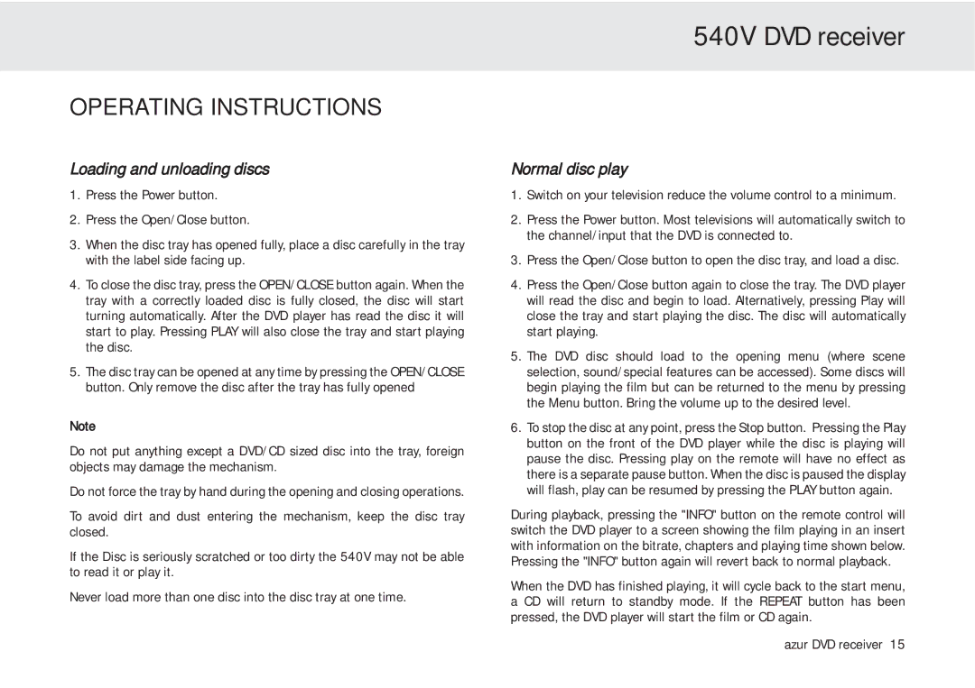 Cambridge Audio azur 540V user manual Operating Instructions, Loading and unloading discs, Normal disc play 