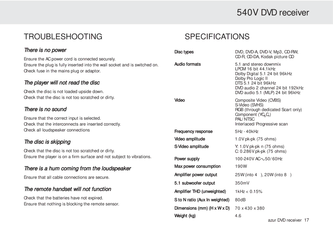 Cambridge Audio azur 540V user manual Troubleshooting 