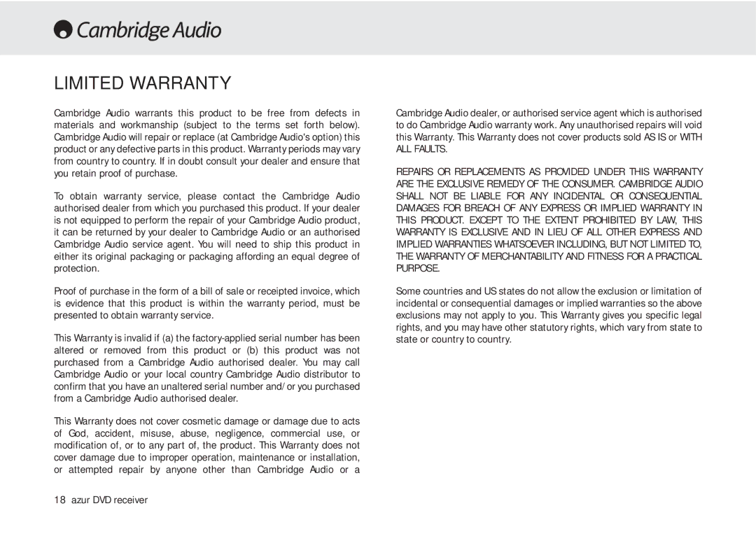 Cambridge Audio azur 540V user manual Limited Warranty 