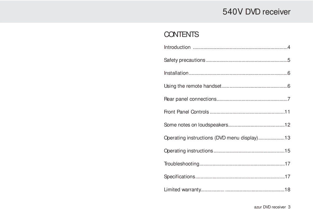 Cambridge Audio azur 540V user manual 540V DVD receiver, Contents 