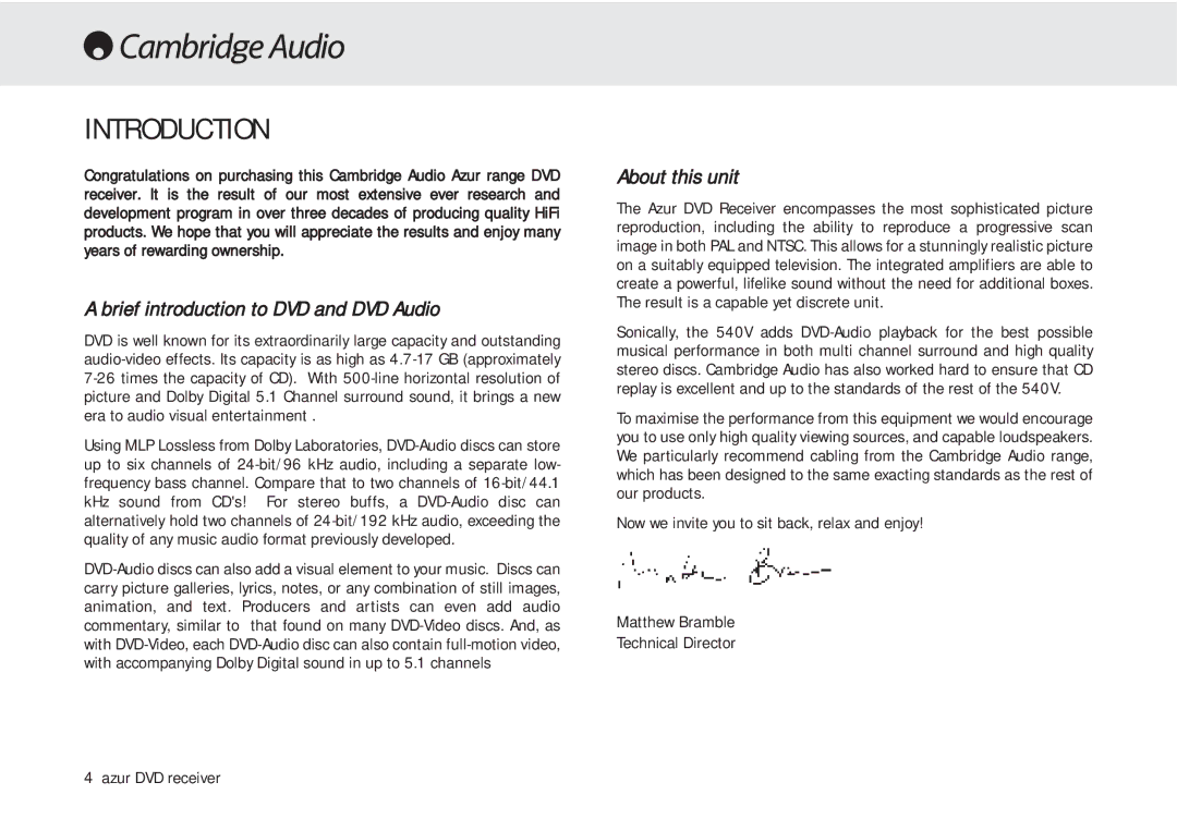 Cambridge Audio azur 540V user manual Introduction, Brief introduction to DVD and DVD Audio, About this unit 