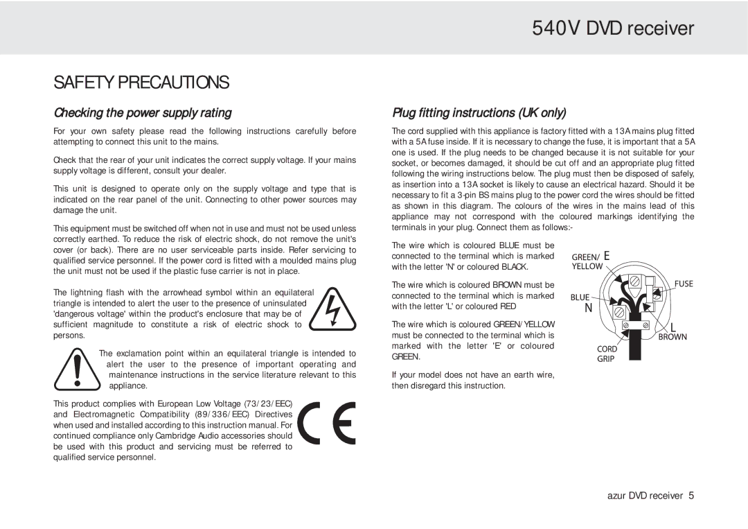 Cambridge Audio azur 540V Safety Precautions, Checking the power supply rating, Plug fitting instructions UK only 