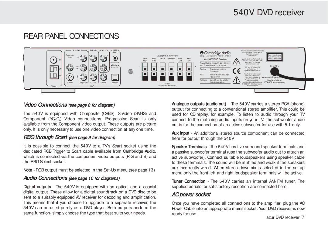 Cambridge Audio azur 540V user manual Rear Panel Connections, AC power socket 