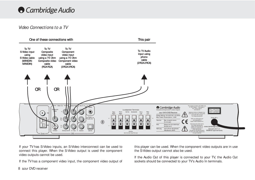 Cambridge Audio azur 540V user manual One of these connections with, This pair 