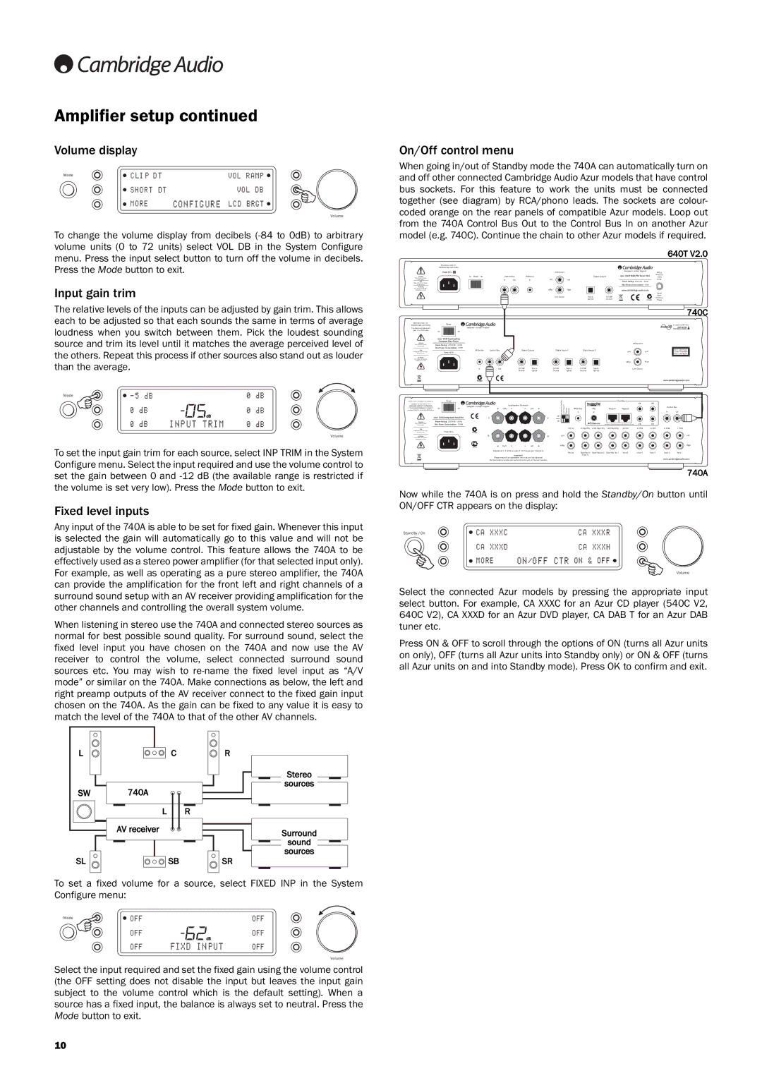 Cambridge Audio Azur 740A user manual Volume display, Input gain trim, Fixed level inputs, On/Off control menu 