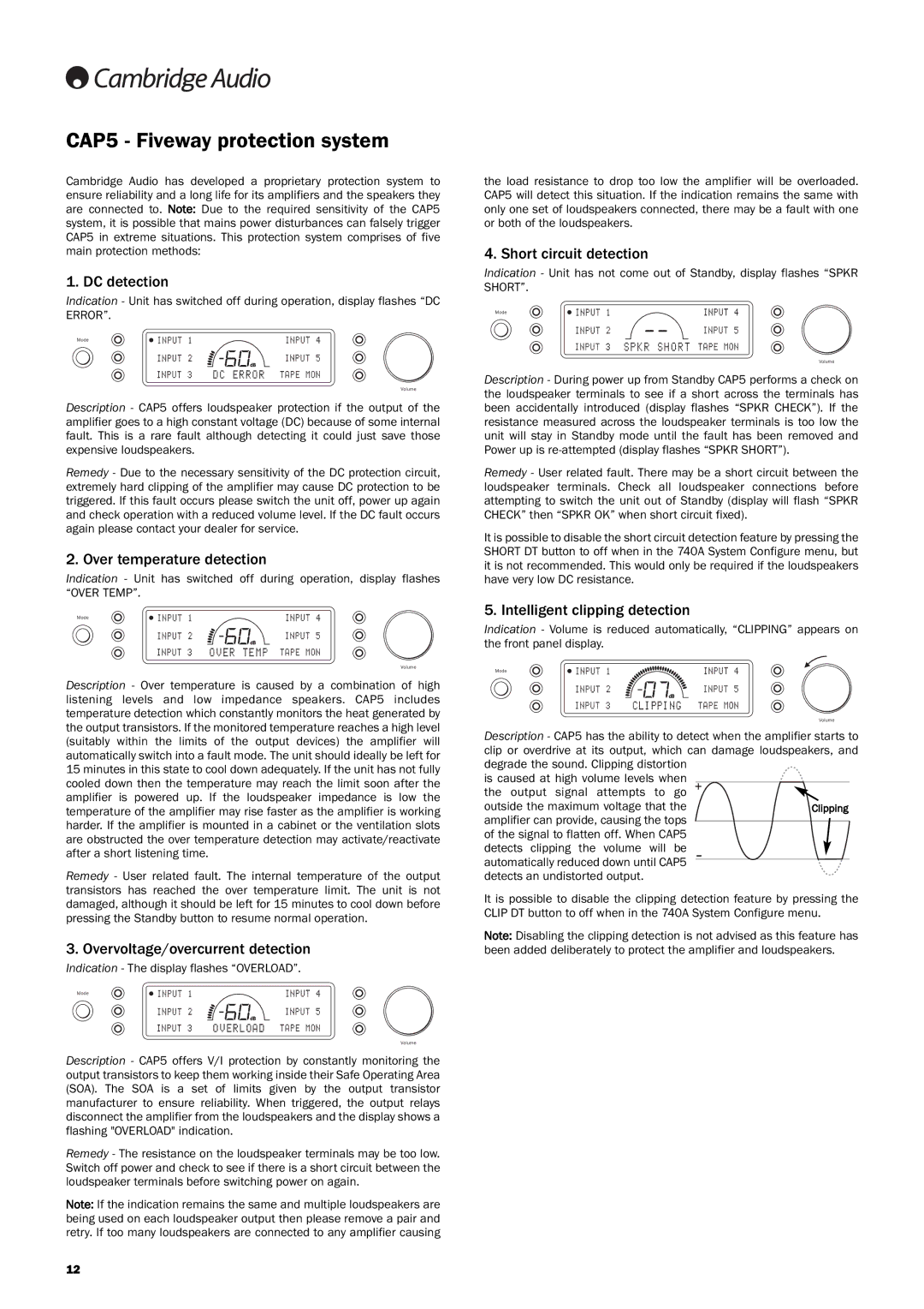 Cambridge Audio Azur 740A user manual CAP5 Fiveway protection system 