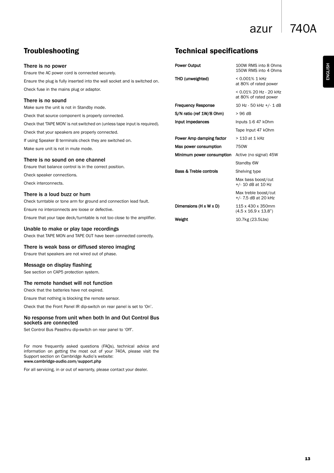 Cambridge Audio Azur 740A user manual Troubleshooting, Technical specifications 