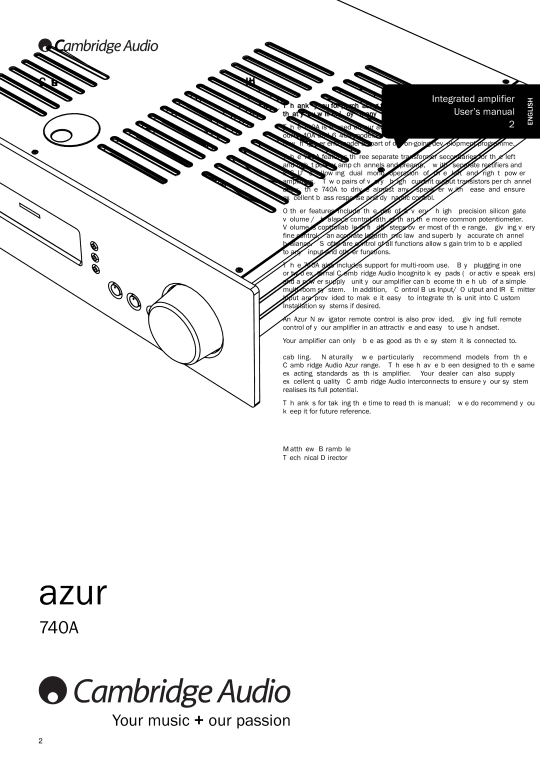 Cambridge Audio Azur 740A user manual Contents, Introduction 