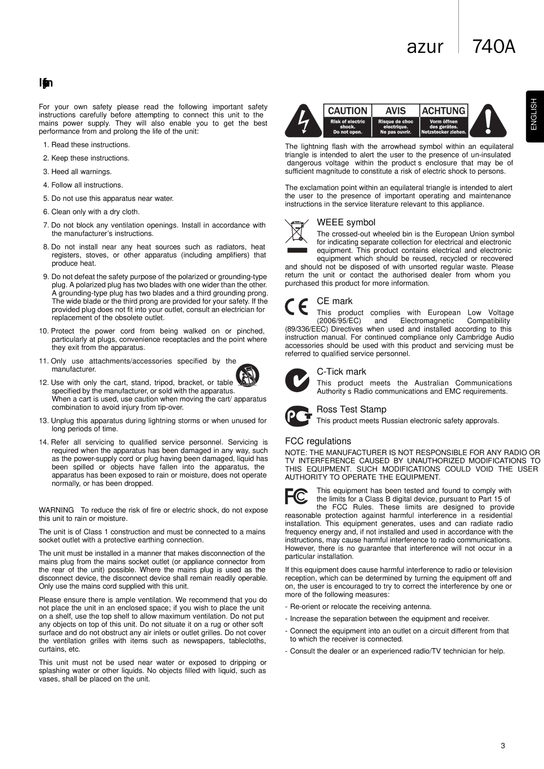 Cambridge Audio Azur 740A user manual Important safety instructions 