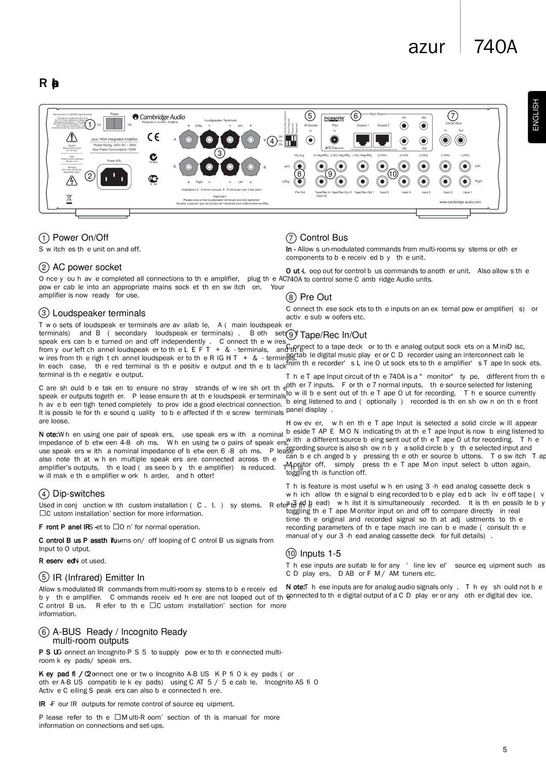 Cambridge Audio Azur 740A user manual Rear panel connections 