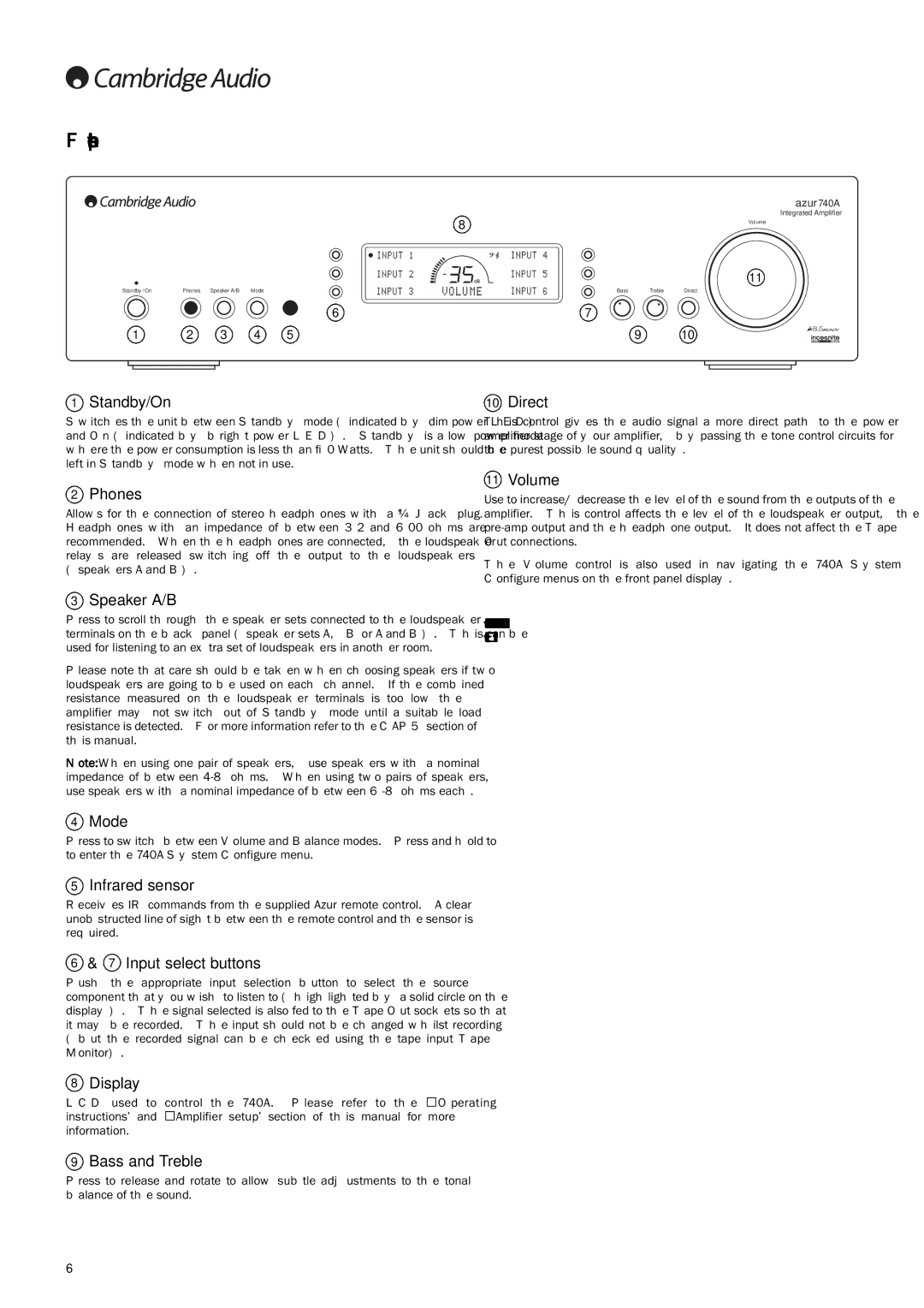 Cambridge Audio Azur 740A user manual Front panel controls 