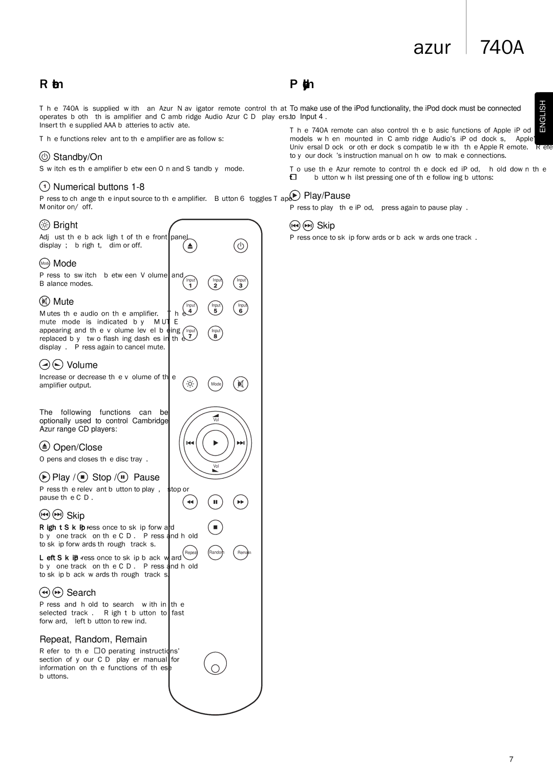 Cambridge Audio Azur 740A user manual Remote control, IPod compatibility 