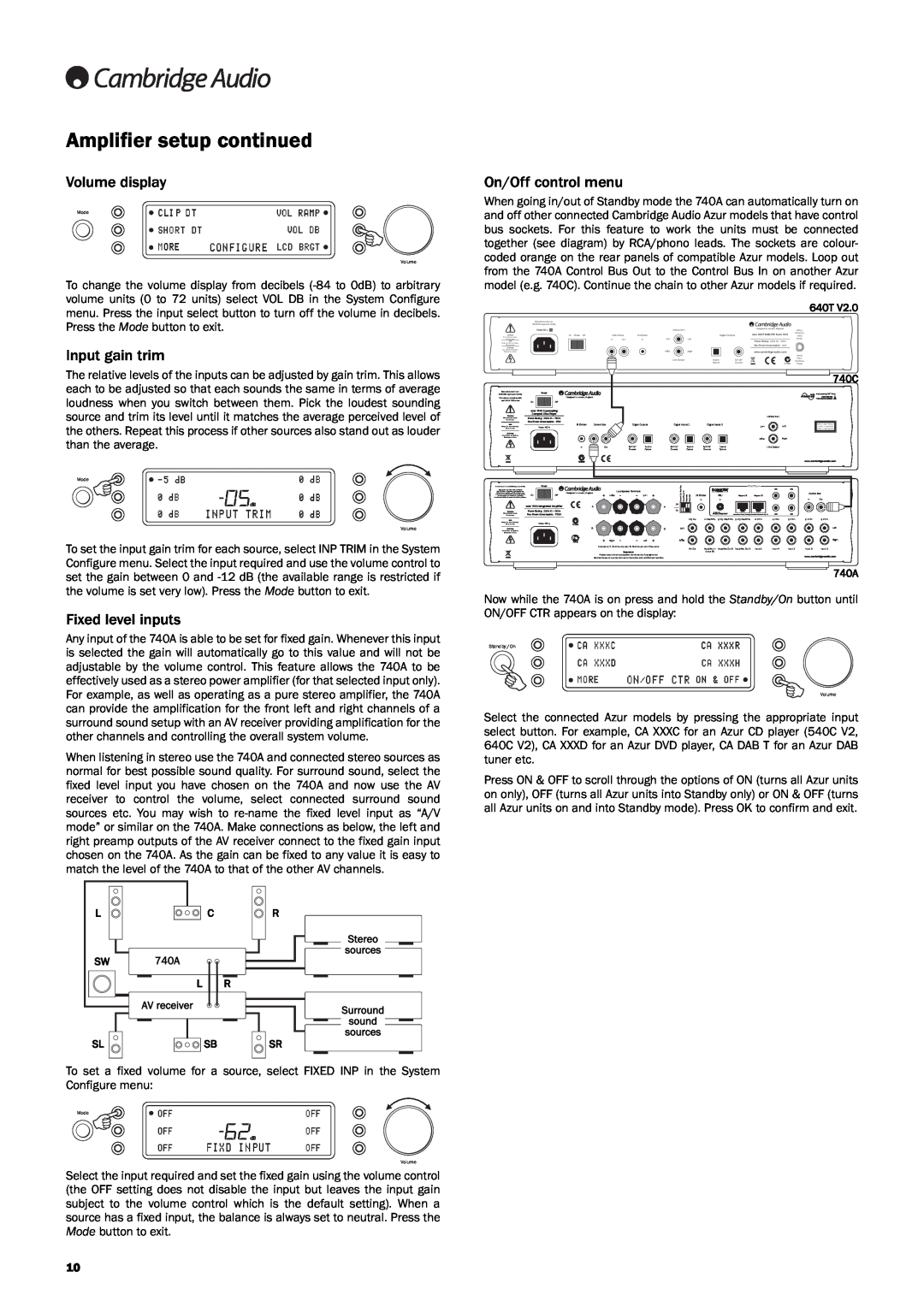 Cambridge Audio Azur 740A user manual Amplifier setup continued, Volume display, Input gain trim, Fixed level inputs 