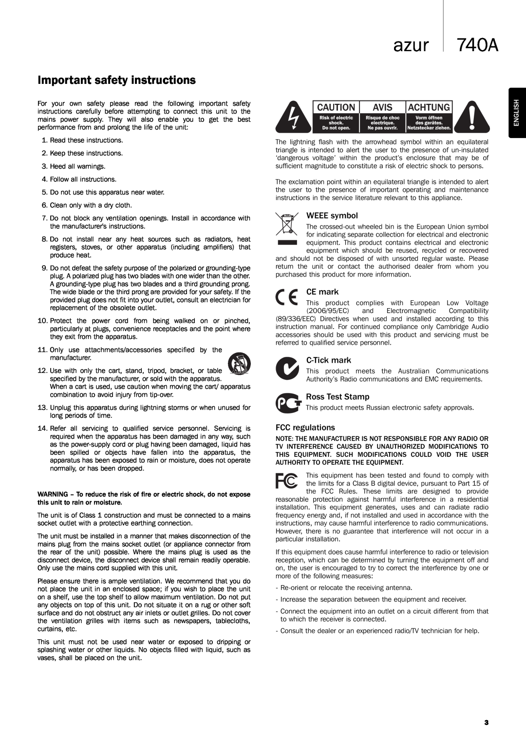 Cambridge Audio Azur 740A user manual azur 740A, Important safety instructions, English 