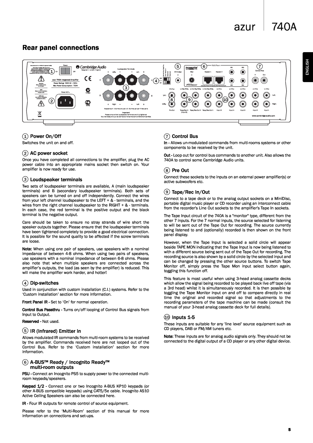 Cambridge Audio Azur 740A user manual Rear panel connections, azur 740A 