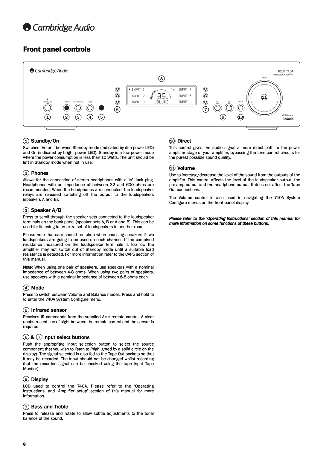 Cambridge Audio Azur 740A user manual Front panel controls 