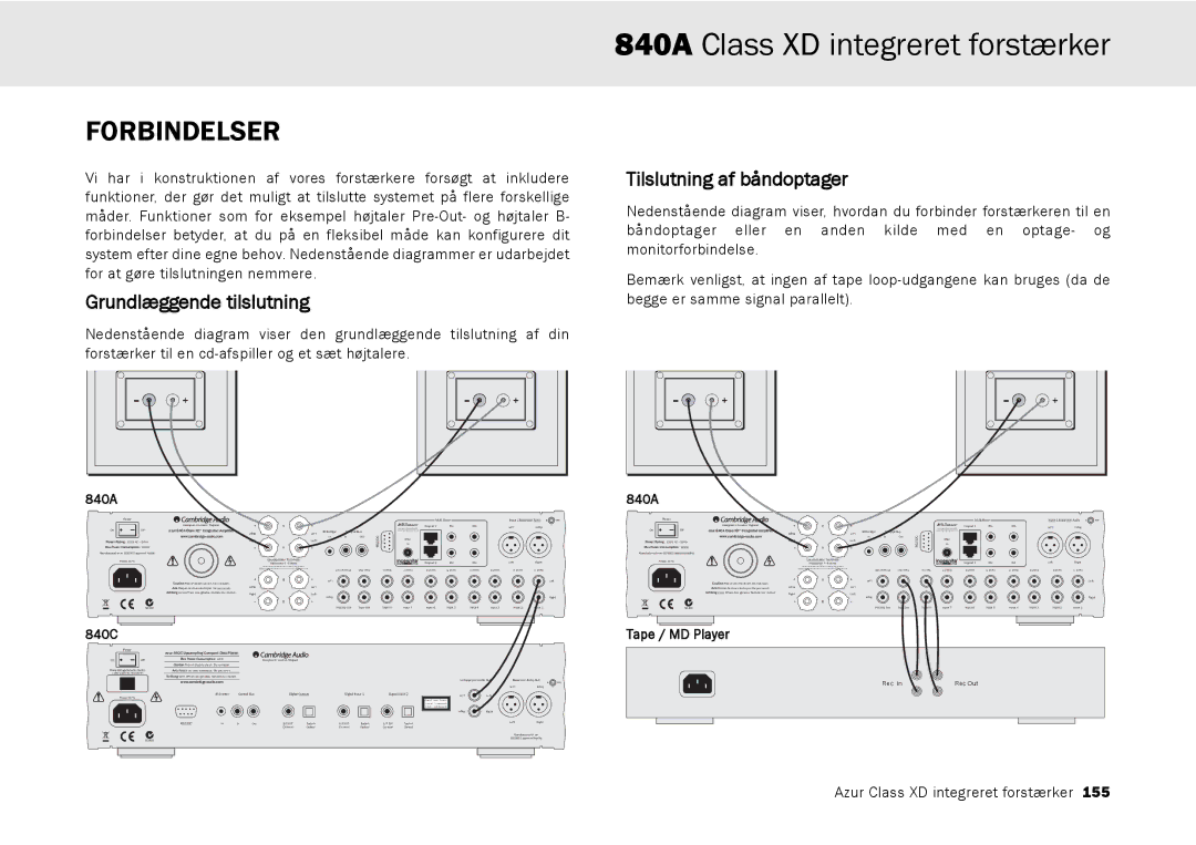 Cambridge Audio azur 840A user manual Forbindelser, Grundlæggende tilslutning, Tilslutning af båndoptager 