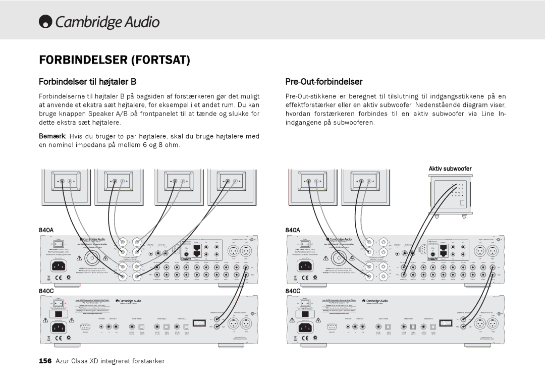 Cambridge Audio azur 840A user manual Forbindelser Fortsat, Forbindelser til højtaler B, Pre-Out-forbindelser 