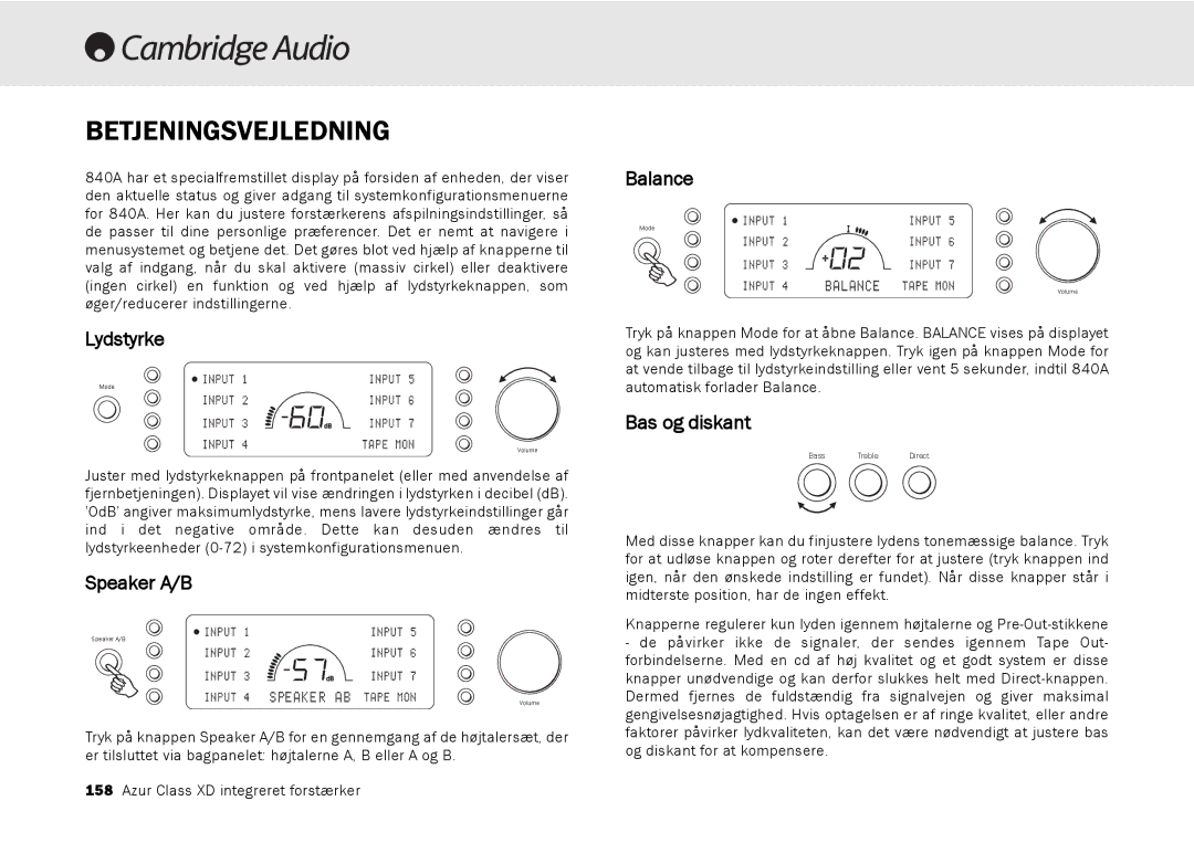 Cambridge Audio azur 840A user manual Betjeningsvejledning, Speaker A/B, Balance 