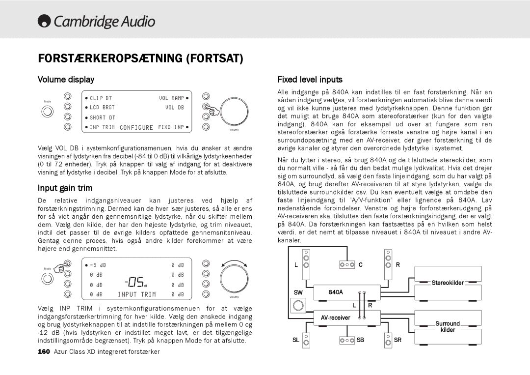 Cambridge Audio azur 840A user manual Forstærkeropsætning Fortsat, Volume display, Input gain trim, Fixed level inputs 