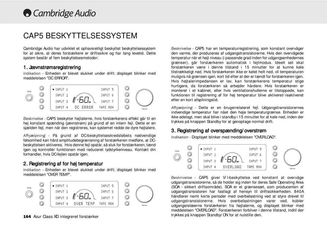 Cambridge Audio azur 840A user manual CAP5 Beskyttelsessystem, Jævnstrømsregistrering 