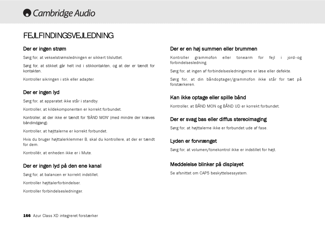 Cambridge Audio azur 840A user manual Fejlfindingsvejledning 