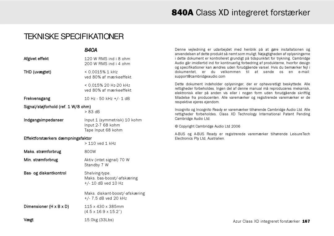 Cambridge Audio azur 840A user manual Tekniske Specifikationer 