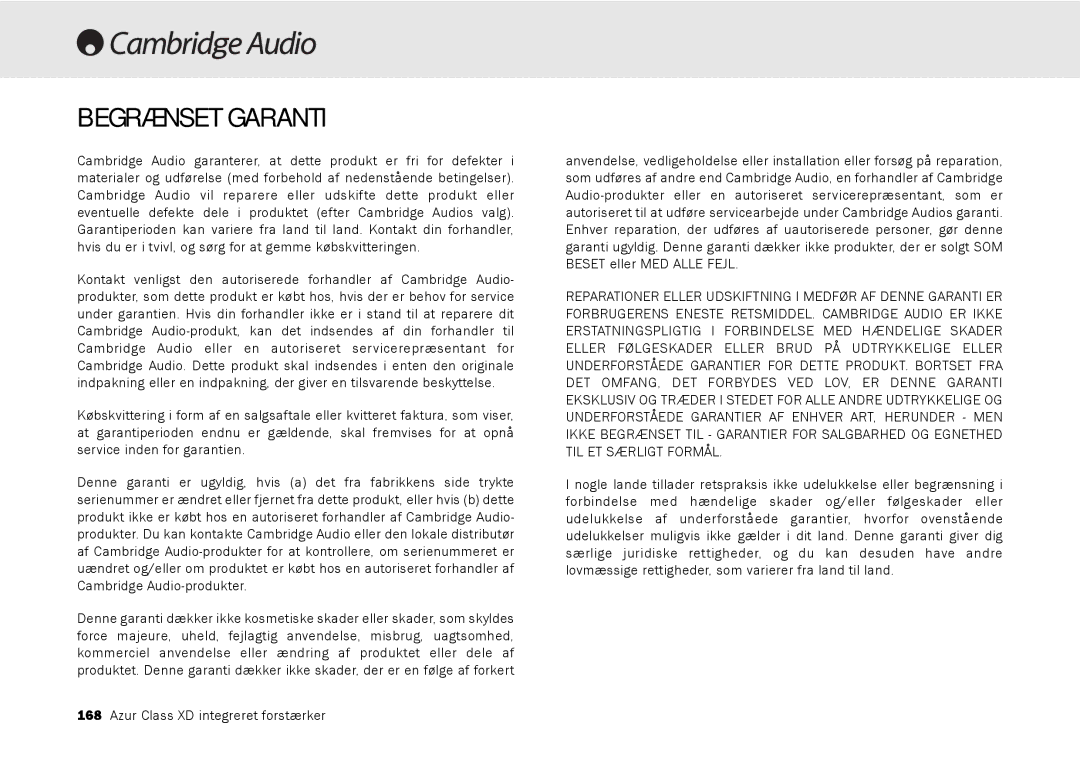 Cambridge Audio azur 840A user manual Begrænset Garanti 