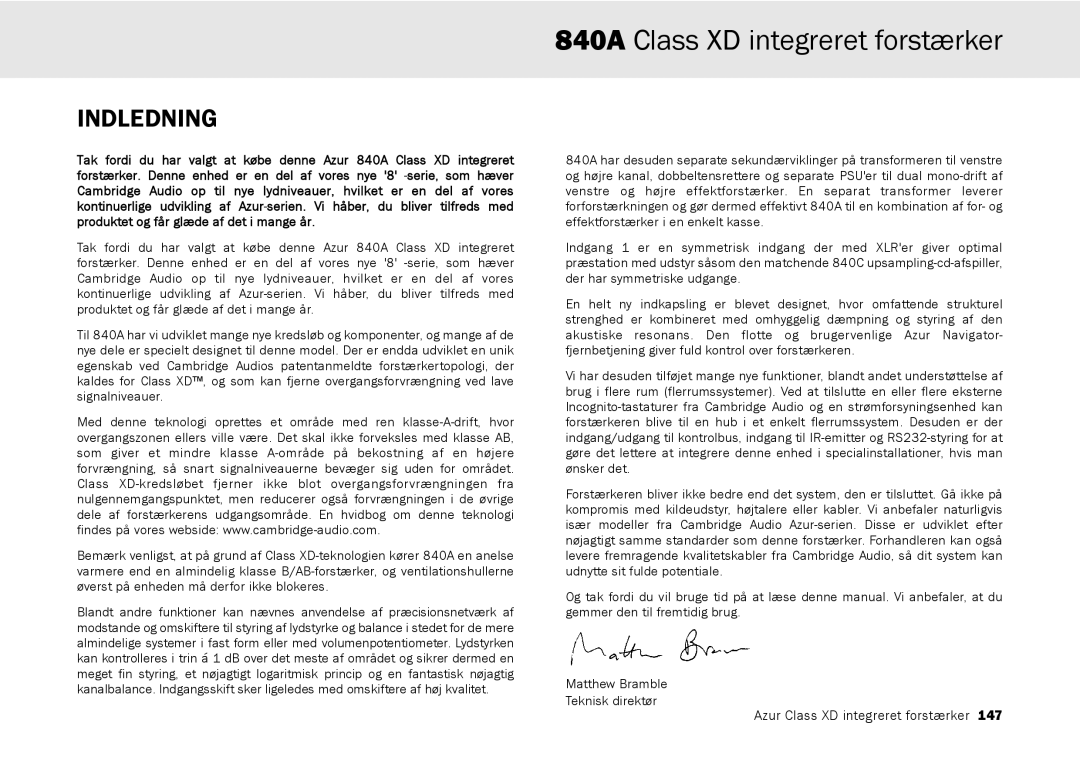 Cambridge Audio azur 840A user manual 840A Class XD integreret forstærker, Indledning 