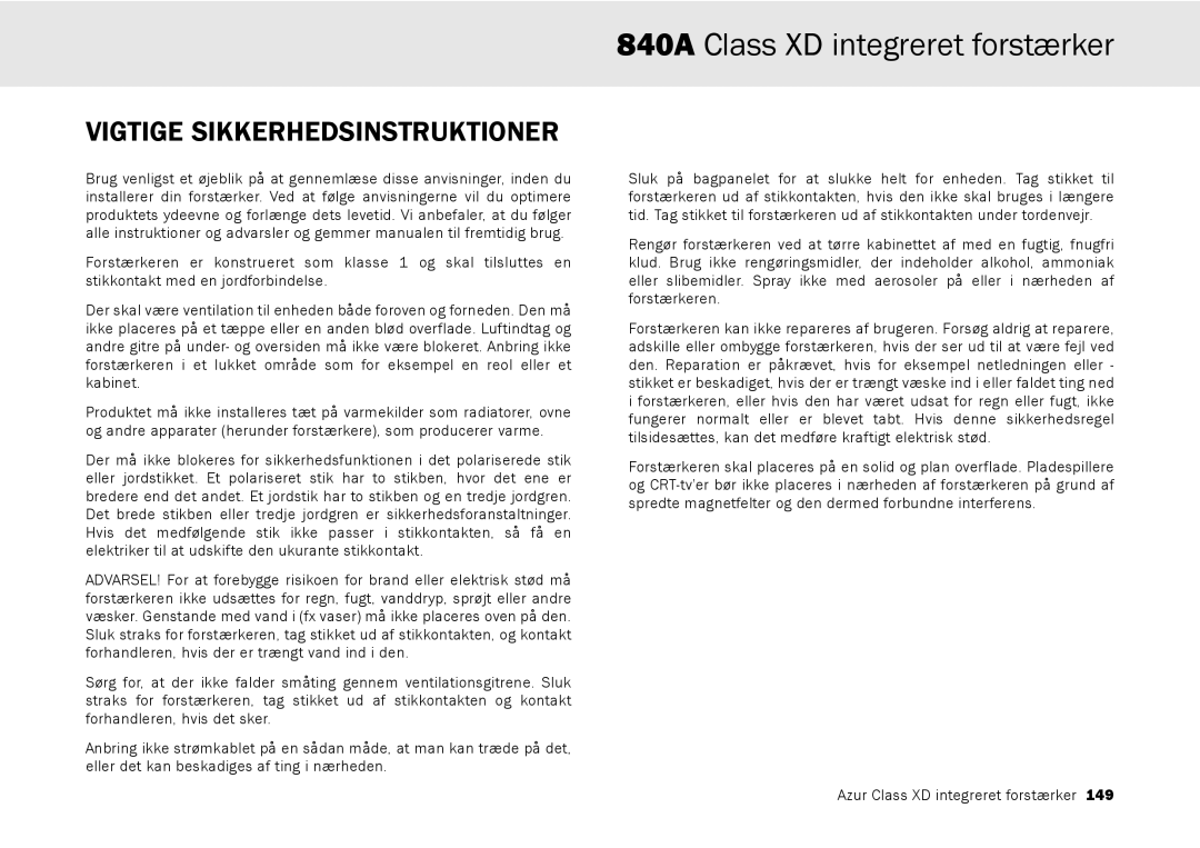 Cambridge Audio azur 840A user manual Vigtige Sikkerhedsinstruktioner 