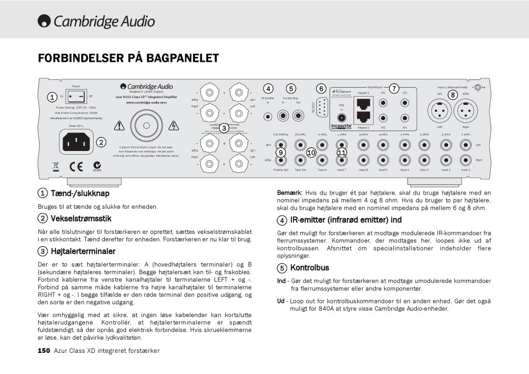 Cambridge Audio azur 840A user manual Forbindelser PÅ Bagpanelet, Power Rating 230V AC ~ 50Hz 