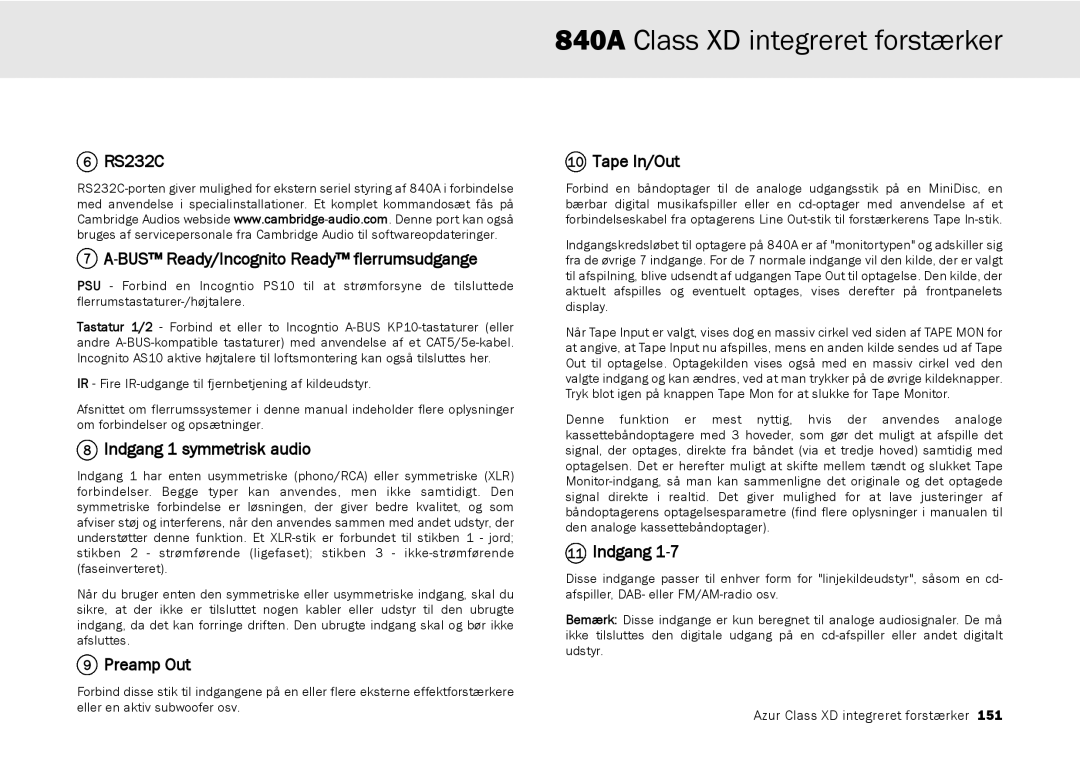 Cambridge Audio azur 840A user manual RS232C BUS Ready/Incognito Ready flerrumsudgange 